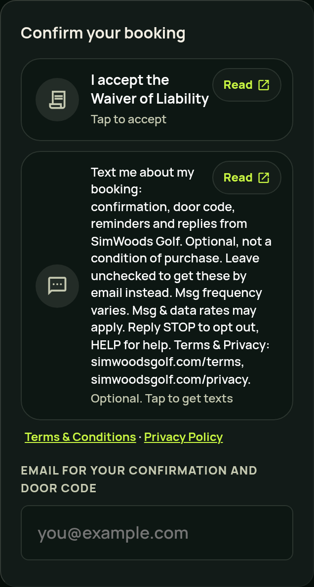 The SimWoods Golf checkout: the waiver box, the optional text-message box with its full wording, the Terms and Privacy Policy links under it, and the email field shown when texts are left unticked