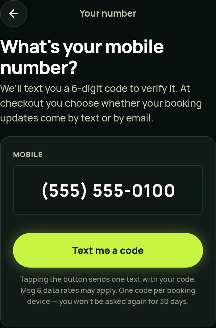 The SimWoods Golf booking step that asks for your mobile number and texts you a verification code